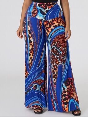 Animal Patterned Print Wide-Leg Pants Blue Orange Soft Lightweight